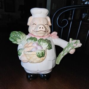 TEA POT CHEF PORKE` - Veggie Toting Ceramic Pig